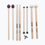 A complete percussion student kit laid out neatly on a white background, containing a pair of purple yarn mallets, a pair of On-Stage SD1 maple drumsticks, a pair of black hard-ball mallets, a pair of On-Stage white felt mallets, and a metal drum key.