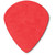 A red Dunlop guitar pick with a smooth texture against a white background.