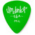 A close-up of a green Jim Dunlop guitar pick with "USA" and size markings visible.