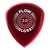 A close-up of a red Dunlop Flow Gloss guitar pick with "2.0" prominently displayed on it.