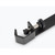 A close-up of a black clamp mechanism on a metal arm against a white background.