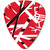 A red guitar pick with a black and white geometric pattern on it.
