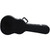 A black guitar case with silver latches lies flat against a white background.