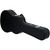 A black guitar case with silver latches lies flat against a white background.