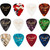 A collection of colorful Fender thin guitar picks arranged neatly against a white background.