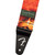 A close-up of an orange tie-dye guitar strap with a "George Harrison" label and Fender logo.