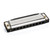A close-up of a silver Hohner Blues Band harmonica with "BluesBand" engraved on it, showing all 10 holes and keys labeled from C to B.