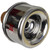 A close-up of a shiny silver trumpet mute with red logo details.