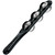 A black, handheld percussion jinglestick. It features a long, textured handle and a frame holding four pairs of silver metal jingles, similar to those found on a tambourine, arranged in a straight row.