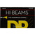 A close-up of DR Strings MR5-45 Hi-Beam bass guitar strings packaging with "The Handmade String" logo visible.