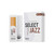 D’Addario Organics Select Jazz alto saxophone reeds, unfiled cut, presented in a white case with exposed reed next to the branded box showing organic certification details.