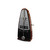 Front view of an open Wittner Taktell Piccolo metronome in mahogany brown. The front cover is removed to display the silver and white faceplate printed with musical tempo markings (such as Largo, Adagio, Moderato, Allegro), the vertical metal pendulum rod with a sliding weight, and the lower black textured plastic body.
