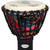 A close-up of a colorful Percussion Plus Slap Djembe with intricate patterns on its head.