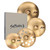 A Sabian XSR series cymbal box set displayed against a white background. The group includes a grey rectangular product box with the black "SABIAN" logo on the left. Arranged to the right are four brilliant-finish gold cymbals: a 20-inch Ride, an 18-inch Fast Crash, an 18-inch O-Zone crash with circular holes cut into the bow, and a 14-inch pair of Hi-Hats. Each cymbal features a black XSR logo on the right side.