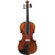 Front view of a wooden viola with a warm amber-brown finish, showing four strings, a black fingerboard, two f-shaped sound holes, and a dark chin rest at the lower left on a plain white background.