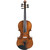 Front view of a wooden viola with a warm amber-brown finish, showing five strings, a black fingerboard, two f-shaped sound holes, and a dark chin rest at the lower left on a plain white background.