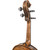 Close-up rear angled view of a Hellier Strad violin scroll, highlighting intricate engraved designs on the pegbox, dark tuning pegs, and a glossy finish, isolated on a white background.