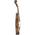 Full right side profile view of a Hellier Strad-style violin, showing the instrument’s slim body depth, ornate decorative engravings along the ribs and scroll, amber-golden varnish, and black fingerboard, isolated on a white background.