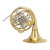A Yamaha YHR-672D professional double French horn with a detachable bell, shown from the side against a white background, featuring a polished yellow brass body, intricate tubing, and silver-colored rotary valves.