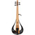 Front view of a Yamaha electric violin with a light natural wood finish, five strings, black hardware, and a dark open-frame body design on a white background.