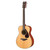 Angled front studio shot of a Yamaha FS800J small-body acoustic guitar, showing the contrast between the pale solid spruce top and the reddish-brown nato wood sides.