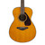 Close-up front view of a Yamaha FS800J acoustic guitar body, highlighting the tinted wood grain top, black and white soundhole rosette, rosewood bridge, and faux tortoiseshell pickguard.