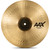 A direct top-down, overhead view of a 14-inch Sabian AAX Medium Hats hi-hat cymbal against a white background. The bright golden bow displays visible circular lathing and extensive hand-hammered dimples, contrasting with a dark, unlathed raw finish on the center bell. The black AAX logo and model text are clearly visible on the right side.
