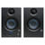Pair of black PreSonus studio monitor speakers with blue-accented woofers, tweeters at the top, and front-panel controls including volume, aux-in, and headphone jack.