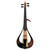 Front view of a Yamaha electric violin with a natural wood finish, four strings, black fittings, and a curved open-frame body design on a white background.