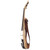 Side profile of a Yamaha electric violin showing slim body depth, natural wood neck, black tuning pegs, and curved wooden frame structure.