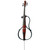 The image shows an electric cello with a minimalist design. The body of the cello is primarily red with black accents and has a sleek, modern appearance. The traditional wooden body is replaced by a more open frame structure, and the strings are visible along the neck of the instrument. There are tuning pegs at the top of the neck and an endpin at the bottom.