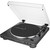 Angled view of Audio-Technica turntable with open transparent dust cover, black base, and front control buttons. Angled view of Audio-Technica turntable with open transparent dust cover, black base, and front control buttons.
