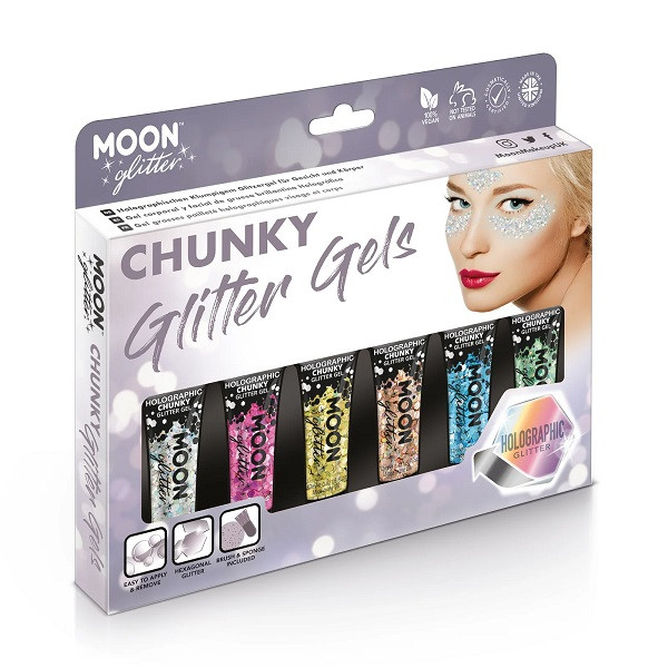 Moon Glitter Chunky Glitzer-Set – 5 Farben Mit Fixier-Gel Für Gesicht, Körper & Haare – Perfekt Für Festival, Halloween & Make-up