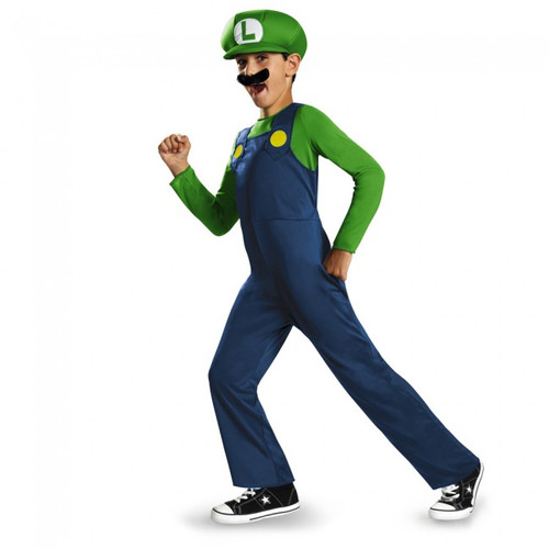 Classic Luigi Child. Includes blue jumpsuit with yellow buttons and an attached green shirt, a big green “L” hat, and a fake mustache. Shoes not included. Small (4 - 6) Medium (7 - 8) Large (10 - 12)