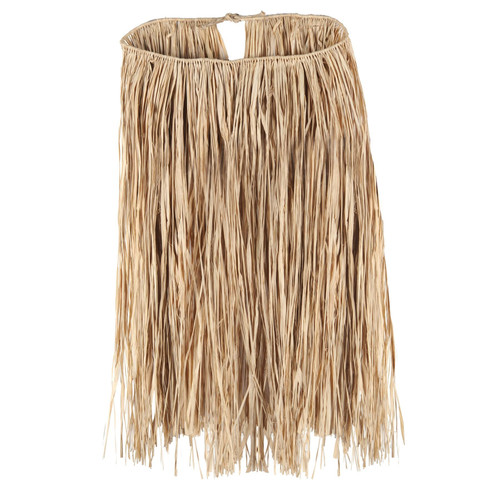 Adult Raffia Hula Skirt. This skirt features a natural raffia design. Adult Standard measures 31in waist x 28in length, Adult X Large measures 36in waist x 28in length, and King Size measures 42in waist x 28in length.