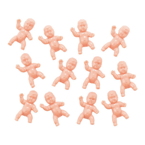 Mardi Gras King Cake Baby Favors. Package includes 144 count light skin plastic babies, 1.5in x .75in favors.