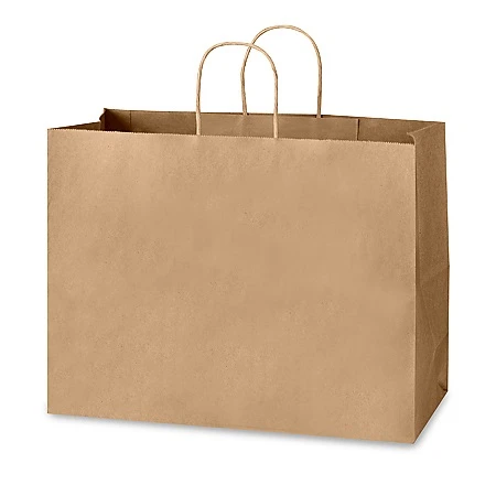 Vogue Kraft Paper Shopping Bag. This brown paper bag has paper twist handles. Measures 12in tall x 16in wide x 6in thick.