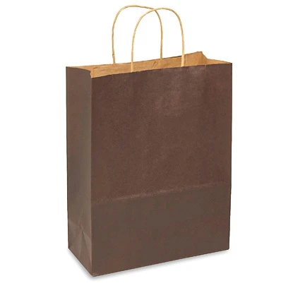 Debbie Chocolate Kraft Shopping Bag. This dark brown paper bag has paper twist handles. Measures 13in tall x 10in wide x 5in thick.