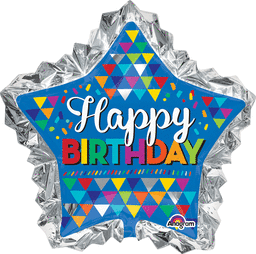 This blue and silver star shaped balloon features the text "Happy Birthday" and a colorful pattern. Balloon is approximately 34 inches after inflation.