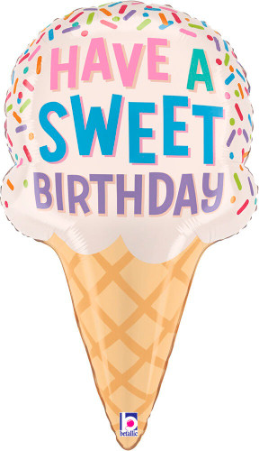 Ice Cream Sweet Birthday Balloon. This shaped foil balloon is a vanilla scoop ice cream cone with multicolor sprinkles and "HAVE A SWEET BIRTHDAY" in multicolor letters. Balloon is approximately 28 inches after inflation.