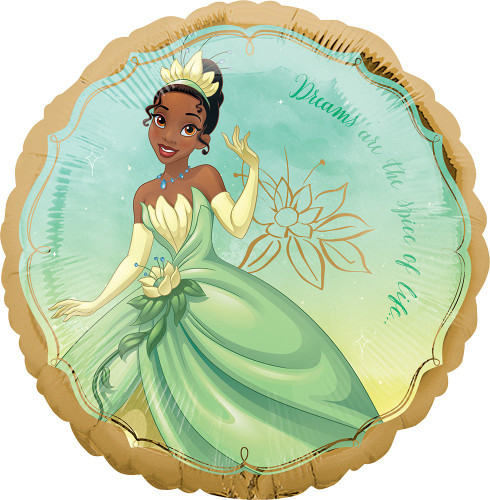 This circular balloon features Princess Tiana in a green dress on a green and yellow ombre background with gold trim. "Dreams are the spice of life" is arched in green text. Balloon is approximately 17 inches after inflation.