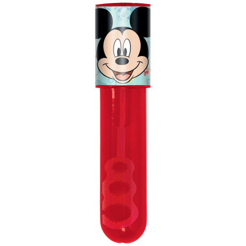 Mickey Mouse Forever Bubble Tube Favor. This translucent red plastic tube features a bubble solution with a Mickey Mouse topper and attached bubble wand. Package includes 1 count favor measuring 5in, 1 fl oz.