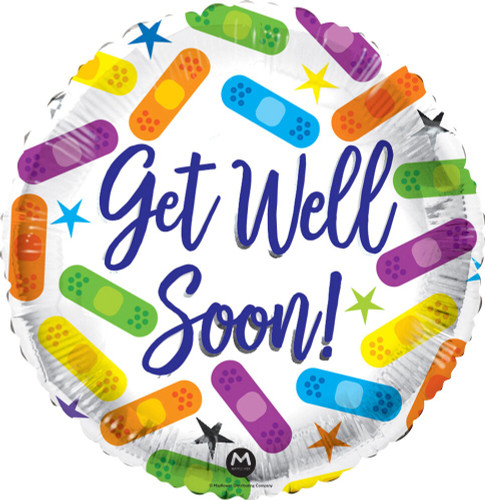 Get Well Soon Bandages Balloon. This white circular balloon features "Get Well Soon" in blue script surrounded by colorful bandages and stars. Balloon is approximately 17 inches after inflation.