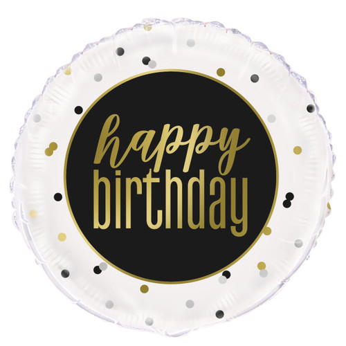 This circular balloon features "happy birthday" in gold text on a black background with a trim of black, gold, and silver circle confetti. Balloon is approximately 18 inches after inflation.