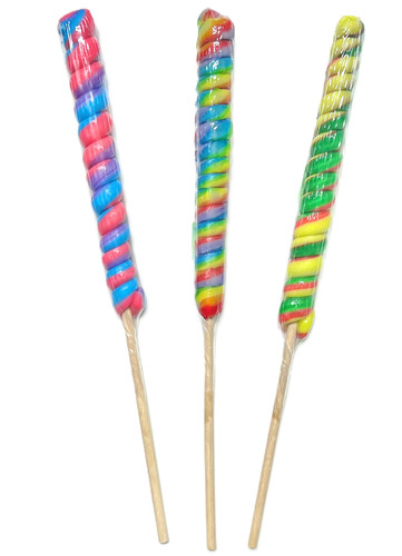 Fiesta Twister Pop - Medium. This sweet sucker features a brightly colored twisted pop attached to a wooden stick. Available in Rainbow Cherry, Blue, Pink, and Purple Blue Raspberry, and Red, Green, and Yellow Watermelon. Desired flavor not guaranteed. Includes 1 twister pop measuring about 6.5in, 11.5in with stick.