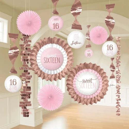 Blush Sixteen Paper & Foil Decorating Kit! Package includes 2 count 7ft string garlands, 6 foil swirls with 5in cutouts, 3 count 8in paper fans, and 2 count 16in paper fans.