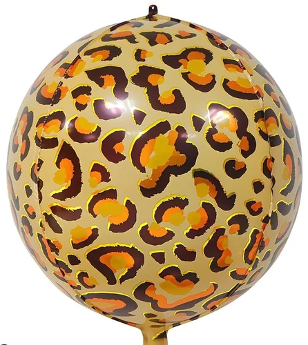 This spherical shaped balloon features segments with leopard spots in orange and brown, accented with shimmery gold. Balloon is approximately 16 inches and orbz shaped after inflation.