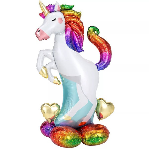 Airloonz Unicorn Balloon. This DIY self-sealing balloon features a unicorn with rainbow colors and gold heart accents. Includes elastic band for tying and a straw for inflating. Measures 55in.