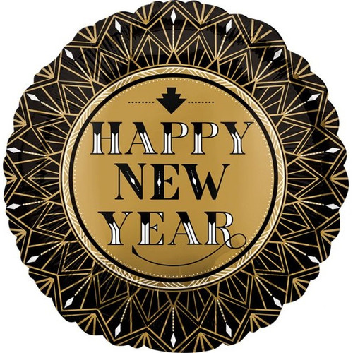 This New Year Roaring Twenties Balloon is circular in shape with a black and gold color scheme featuring "HAPPY NEW YEAR" in the center. Balloon is approximately 18 inches after inflation.