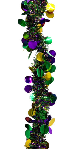 Mardi Gras Dot Garland. This gold, purple, and green tinsel garland features attached gold, purple, and green foil dots. Measures 12ft.